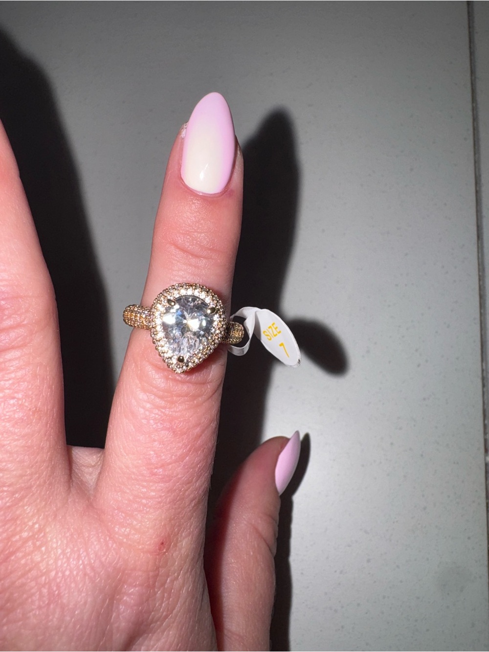 BP Gold Pear Halo Ring with Clear Center Stone - Pink